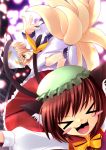  &gt;_&lt; 2girls :3 animal_ears arms_up blonde_hair blush_stickers cat_ears chen closed_eyes fang female fox_tail hat long_sleeves multiple_girls multiple_tails outstretched_arms pillow_hat shoes short_hair tail touhou x3 yakumo_ran yukizuki_chikuba 