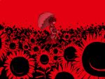  1girl a_utopia female flower hirase_yuu kazami_yuuka monochrome parasol red red_background smile solo sunflower touhou umbrella youkai 