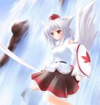  1girl animal_ears female inubashiri_momiji shirotsuki_kouta silver_hair skirt solo sword tail tokin_hat touhou water waterfall weapon 
