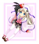  1girl blue_eyes bow cape hat little_busters!! long_hair noumi_kudryavka pink_bow plaid plaid_skirt ribbon school_uniform serafuku silver_hair skirt solo subachi thigh-highs 