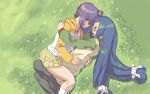  2girls ayase_yue blue_hair blush casual couple field flower grass holding hug long_hair low-tied_long_hair mahou_sensei_negima! masakami miyazaki_nodoka multiple_girls pantyhose pleated_skirt purple_hair short_hair skirt tied_hair very_long_hair yuri 