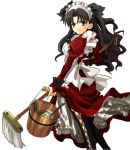  1girl alternate_costume black_hair broom bucket enmaided fate/stay_night fate_(series) female green_eyes hizuki_yayoi long_hair looking_at_viewer maid mop ribbon solo tohsaka_rin twintails two_side_up 
