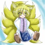  1girl animal_ears blonde_hair chibi female fox_ears fox_tail hands_in_sleeves long_sleeves lowres multiple_tails no_hat sandals short_hair socks solo tabard tail touhou wide_sleeves yakumo_ran 