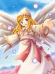  1girl blonde_hair blue_eyes blue_sky blush cherry_blossoms danmaku dress female hat lily_white long_hair long_sleeves looking_at_viewer midriff open_mouth outdoors sky solo touhou white_dress white_wings wings 