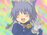  1girl \m/ animal_ears aoi_tobira bell blush braid cat_ears dog_ears fang female hitori_osero inu_sakuya izayoi_sakuya kemonomimi_mode lowres short_hair silver_hair solo touhou twin_braids 