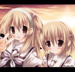  2girls blonde_hair blush brown_eyes long_hair multiple_girls school_uniform serafuku shin&#039;ya_natsuki short_hair smile 