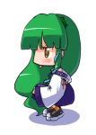  1girl chibi female frog_hair_ornament green_hair hair_ornament kochiya_sanae long_hair snake_hair_ornament solo squatting star star-shaped_pupils symbol-shaped_pupils tao tao_(kadoya) tongue touhou 