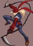  1boy arc_system_works axl_low bandanna beige_background black_gloves blonde_hair brown_eyes chains dual_wielding fighting_stance fingerless_gloves gloves guilty_gear holding holding_weapon ippo loafers long_hair looking_at_viewer male_focus outstretched_arms pants ponytail shoes simple_background solo uniform weapon 
