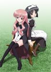  00s 2006 2girls black_hair boots cape long_hair louise_francoise_le_blanc_de_la_valliere maid multiple_girls pentacle pink_hair satou_chagashi short_hair siesta thigh-highs zero_no_tsukaima zettai_ryouiki 