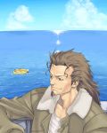  1boy 2girls arms_behind_head bikini black_hair blonde_hair boat clouds facial_hair fur_trim goatee grey_eyes grey_hair ichijou_eika inflatable_raft jacket leather leather_jacket legs_crossed light_smile long_hair long_sleeves looking_to_the_side lying male_focus multiple_girls ocean on_back open_clothes open_jacket outdoors partially_submerged sakurano_otoha satou_atsuki shirt sky sky_girls smile solo_focus stubble swimsuit togo_souya tougou_souya water watercraft 