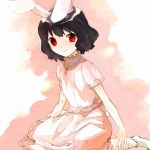  1girl animal_ears bangs black_hair bobby_socks carrot_necklace female inaba_tewi looking_at_viewer pink_skirt puffy_sleeves rabbit_ears red_eyes short_hair simple_background sitting sketch skirt smile socks solo touhou white_legwear xero 