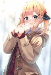  1girl :d bangs black_ribbon blonde_hair blue_eyes blurry blurry_background blush breath brown_coat coat collared_shirt commentary_request depth_of_field dress_shirt enuni eyebrows_visible_through_hair hair_bobbles hair_ornament hair_ribbon hairclip hands_up highres hood hood_down hooded_coat hoshino_sora_(n2) long_sleeves looking_at_viewer open_clothes open_coat original red_carpet revision ribbon shirt sleeves_past_wrists smile solo teeth twintails upper_body upper_teeth white_shirt 