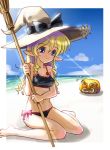  1girl barefoot beach bikini blonde_hair blue_eyes broom elf hat jack-o&#039;-lantern katahira_masashi midriff ocean pointy_ears pumpkin side-tie_bikini sky solo swimsuit water witch_hat 