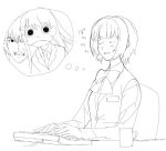  2girls :d ^_^ ^o^ a1 angry blush bow bowtie chair closed_eyes closed_mouth cup formal frown idolmaster long_hair monochrome multiple_girls open_mouth otonashi_kotori sitting sketch smile suit table thought_bubble upper_body 