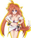  1girl animal_ears arf bare_shoulders blue_eyes breasts cleavage fox_ears gloves large_breasts long_hair lowres lyrical_nanoha mahou_shoujo_lyrical_nanoha mahou_shoujo_lyrical_nanoha_a&#039;s midriff redhead solo tail 