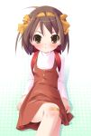  1girl :o ahoge backpack bag bandaid bandaid_on_knee bangs blush brown_eyes brown_hair dress hairband jumper long_sleeves pinafore_dress ramble short_hair solo suzumiya_haruhi suzumiya_haruhi_(young) suzumiya_haruhi_no_yuuutsu turtleneck younger 