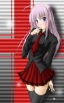  blush necktie purple_hair school_uniform serafuku skirt smile thigh-highs zettai_ryouiki 