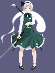  1girl brown_shoes female hitodama katana konpaku_youmu konpaku_youmu_(ghost) mizoreya shoes socks solo sword touhou weapon white_legwear 