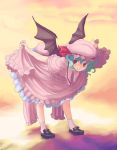  1girl bat_wings dress dress_lift female full_body gradient gradient_background hat nanami_sano outdoors remilia_scarlet sky solo touhou wings 