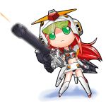  1girl animated animated_gif chibi firing gatling_gun green_eyes gun gundam gundam_g05 gundam_side_story:_from_place_beyond_the_blaze long_hair machine_gun mecha_musume midriff muzzle_flash redhead shield solo weapon 