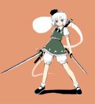  1girl bloomers blue_eyes dual_wielding female hitodama katana konpaku_youmu konpaku_youmu_(ghost) orange_background sakumo sakumo_(karatama) short_hair solo sword touhou underwear weapon white_hair 