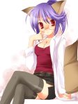  1girl 1st animal_ears blush breasts cleavage duplicate fox fox_(trickster) fox_ears fox_tail glasses labcoat legwear pencil_skirt purple_hair red_eyes short_hair sitting skirt solo tail tanuki_neiri thigh-highs trickster trickster_online zettai_ryouiki 