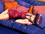  1girl 90s blue_upholstery couch dress long_hair masaki_aeka_jurai princess purple_hair red_eyes solo tenchi_muyou! wallpaper 