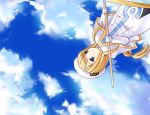  1girl alicia_florence aria beret blonde_hair blue_sky day dress dutch_angle gloves hat holding holding_weapon long_hair long_sleeves pantyhose polearm rod senoo_aoi sky solo staff uniform upside-down very_long_hair weapon white_dress white_gloves 