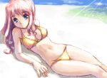  beach bikini blue_eyes katahira_masashi lying midriff ocean pink_hair sky swimsuit water 