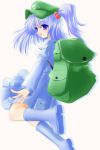  1girl backpack bag blue_eyes blue_hair boots female hair_bobbles hair_ornament kawashiro_nitori randoseru shirotsuki_kouta solo touhou two_side_up 