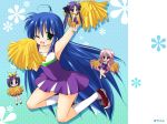  4girls ;d ahoge armpits bare_shoulders blue_background blue_hair cheerleader chibi green_eyes hayashi_sakura hiiragi_kagami hiiragi_tsukasa izumi_konata jumping kneehighs long_hair looking_at_viewer lucky_star minigirl multiple_girls one_eye_closed open_mouth pom_pom_(clothes) shoes simple_background size_difference smile sneakers takara_miyuki very_long_hair white_legwear 