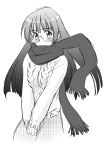  1girl cowboy_shot glasses kouda_tomohiro looking_at_viewer monochrome original own_hands_together rimless_glasses scarf short_hair simple_background skirt solo sweater v_arms white_background 