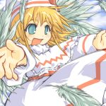  1girl :d blonde_hair blue_shame capelet clouds cloudy_sky dress feathers female green_eyes hat lily_white long_sleeves open_mouth outstretched_arm paji short_hair sky smile solo touhou white_dress white_hat 