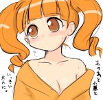  1girl blush breasts cleavage drill_hair no_bra off_shoulder onegai_my_melody orange_hair simple_background solo sweat translation_request twin_drills twintails yumeno_uta yuuichi_(tareme_paradise) 