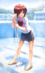  1girl blue_eyes broom cleaning_brush empty_pool goto_p hands hill leaning_forward outdoors pleated_skirt pool pool_ladder redhead sandals school school_uniform serafuku shiny shiny_skin short_hair skirt solo standing 