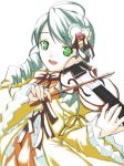  00s 1girl :d ahoge dress green_eyes green_hair instrument kanaria long_sleeves looking_at_viewer open_mouth playing_instrument ribi rozen_maiden simple_background smile solo violin white_background wide_sleeves yellow_dress 