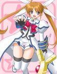  1girl :d blue_eyes brown_hair fingerless_gloves gloves long_hair lyrical_nanoha mahou_shoujo_lyrical_nanoha mahou_shoujo_lyrical_nanoha_strikers open_mouth outstretched_hand raising_heart smile solo staff t2r takamachi_nanoha thigh-highs twintails zettai_ryouiki 