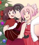  3girls akemi_homura black_hair bow brown_hair carrying christmas_lights christmas_ornaments christmas_tree dot_nose dress hair_bow hair_ribbon hairband highres homura-chu if_they_mated jewelry kaname_madoka long_hair looking_at_viewer mahou_shoujo_madoka_magica mother_and_daughter multiple_girls necklace original pink_eyes pink_hair ribbon self_shot short_hair smile taking_picture violet_eyes watermark web_address wife_and_wife 