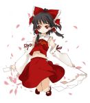  1girl black_hair bow brown_eyes female full_body hair_bow hair_tubes hakurei_reimu kusano_houki looking_at_viewer lowres midriff navel red_bow red_eyes red_skirt sidelocks simple_background skirt solo stomach touhou vest white_background 