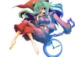  1girl ;o barefoot blush chains clock female frilled_skirt frills full_body green_eyes green_hair kazami_yuuka kazami_yuuka_(pc-98) long_skirt long_sleeves looking_at_viewer lotus_land_story one_eye_closed open_mouth pajamas red_shirt red_skirt shirt simple_background skirt solo toes touhou touhou_(pc-98) white_background yawning youkai 