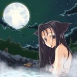  1girl animal_ears black_hair breasts cat_ears full_moon hirono lowres moon onsen original small_breasts solo 