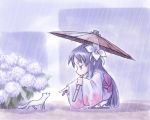  1girl cat flower hydrangea japanese_clothes kimono oriental_umbrella rain solo tomomimi_shimon umbrella 