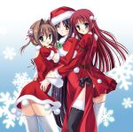  3girls asakura_yume black_legwear brown_hair christmas crossover da_capo da_capo_i da_capo_ii elbow_gloves gloves hug multiple_girls nagumo_sae one_eye_closed red_gloves redhead saishuu_shiken_kujira santa_costume shirakawa_kotori snowflakes standing tanihara_natsuki thigh-highs white_legwear wink winter 