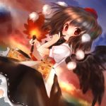  1girl arch black_hair black_skirt black_wings evening fan female from_behind hat holding looking_at_viewer looking_back outdoors pom_pom_(clothes) puffy_short_sleeves puffy_sleeves red_eyes shameimaru_aya shirt short_hair short_sleeves skirt smile solo sunlight sunset tengu tokin_hat torii_sumi touhou white_shirt wings 