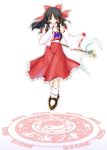  1girl ascot black_hair black_shoes blush bow closed_eyes detached_sleeves female flower full_body gohei hair_bow hair_tubes hakurei_reimu magic_circle mizuno_minato phantasmagoria_of_flower_view red_bow red_skirt ribbon-trimmed_sleeves ribbon_trim shide shoes sidelocks simple_background skirt skirt_set socks solo touhou vest white_background white_legwear yin_yang 