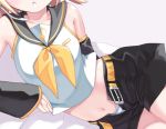 1girl :o armlet belly belt blonde_hair blush buckle collarbone head_out_of_frame kagamine_rin kiira lowres lying midriff navel on_side open_fly panties parted_lips sailor_collar school_uniform serafuku short_hair simple_background solo spread_legs stomach unbuckled_belt underwear vocaloid white_background white_panties 