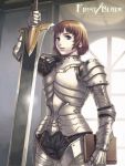  armor brown_hair eika_(artist) first_blade hands_on_hilt knight original sword violet_eyes weapon 