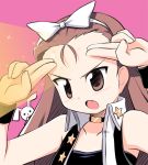  1girl :o armpits bare_shoulders bow brown_eyes brown_hair collar cool_&amp;_sexy_(idolmaster) forehead hair_bow hairband idolmaster kagura_yuuki looking_afar minase_iori open_mouth pink_background salute simple_background solo star upper_body vest white_bow 