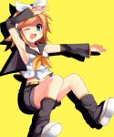  1girl :d armpits belt blonde_hair blue_eyes bow detached_sleeves headphones jumping kagamine_rin leg_warmers mei midriff one_eye_closed open_mouth outstretched_arm shirt shoes shorts sleeveless sleeveless_shirt smile solo subaru_(yachika) v vocaloid 