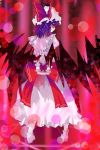  1girl bat_wings dress female frills from_behind full_body hat mob_cap pigeon-toed puffy_short_sleeves puffy_sleeves purple_hair remilia_scarlet shaded_face short_hair short_sleeves solo standing touhou white_dress wings 